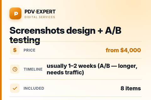 Screenshots design + A/B testing — price, timeline & scope
