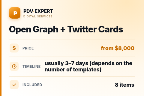Open Graph + Twitter Cards — price, timeline & scope