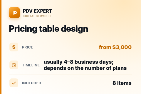 Pricing table design — price, timeline & scope
