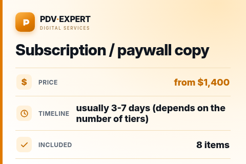 Subscription / paywall copy — price, timeline & scope
