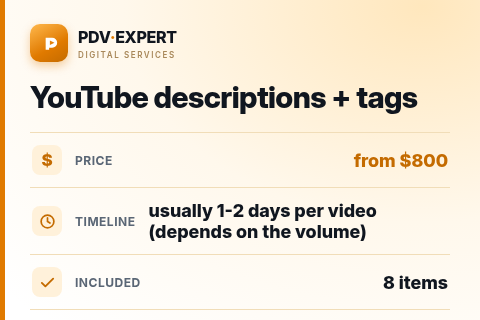 YouTube descriptions + tags — price, timeline & scope